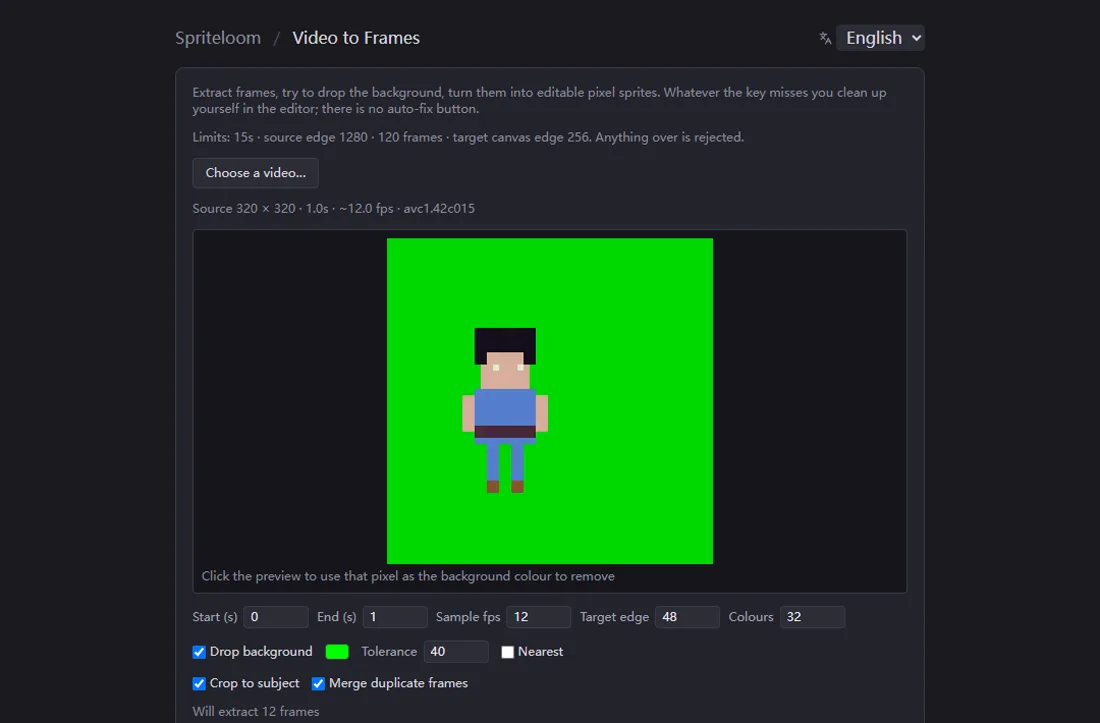The video tool with a clip loaded: preview of a character on a green background, and the extraction settings below it.